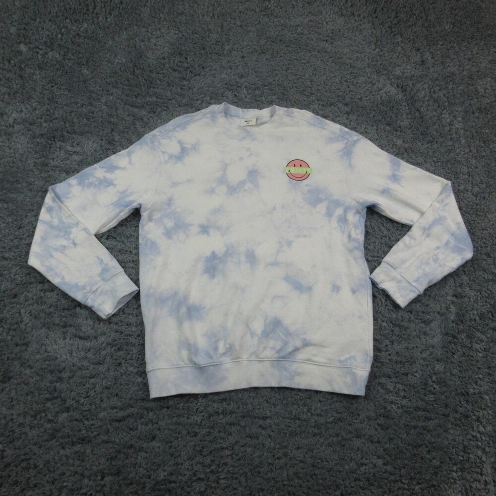 H&M Smiley Sweatshirt Mens Medium White Blue Tie Dye Graphic Pullover Crewneck